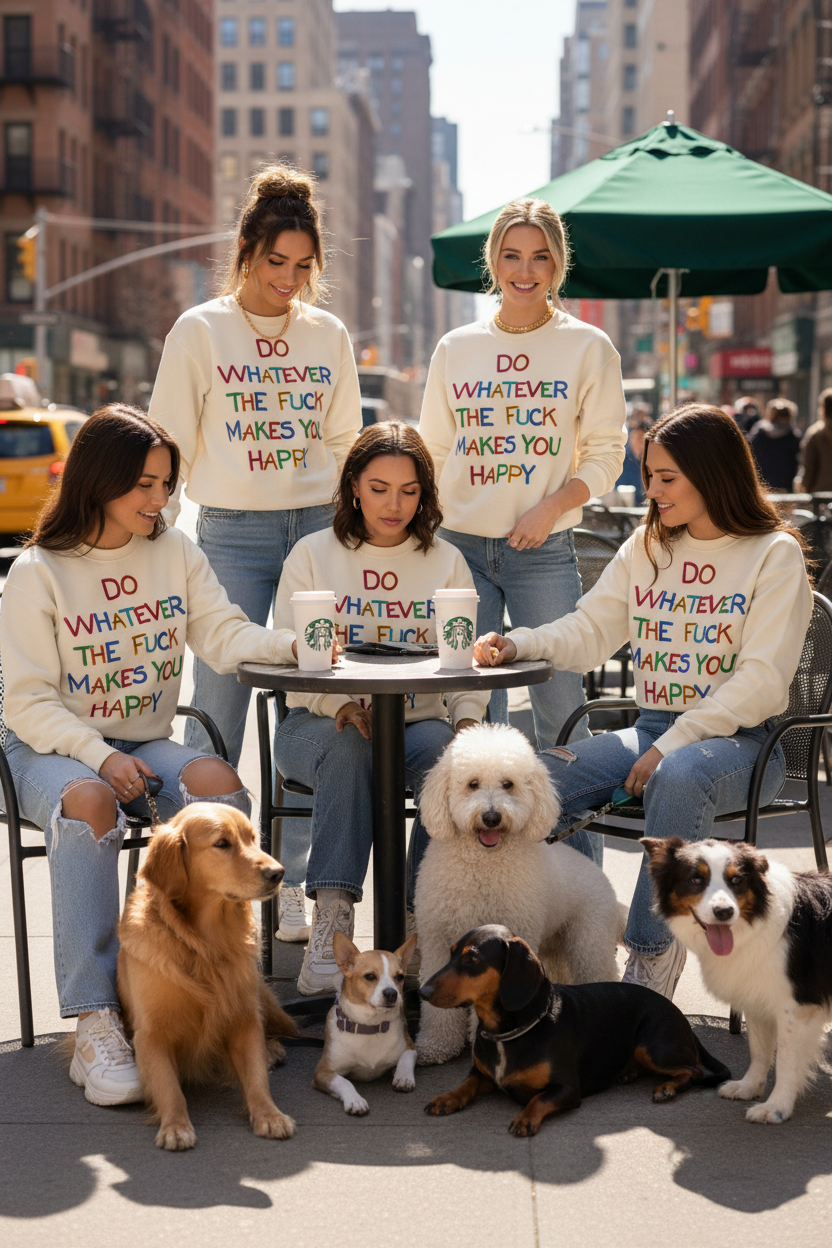 Five women sitting and standing around a small table in an outdoor cafe setting, wearing matching cream sweatshirts with colorful text that reads 'DO WHATEVER THE FUCK MAKES YOU HAPPY'. They are surrounded by four dogs, including a golden retriever, a white poodle, a dachshund, and a collie mix.