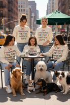 Five women sitting and standing around a small table in an outdoor cafe setting, wearing matching cream sweatshirts with colorful text that reads 'DO WHATEVER THE FUCK MAKES YOU HAPPY'. They are surrounded by four dogs, including a golden retriever, a white poodle, a dachshund, and a collie mix.