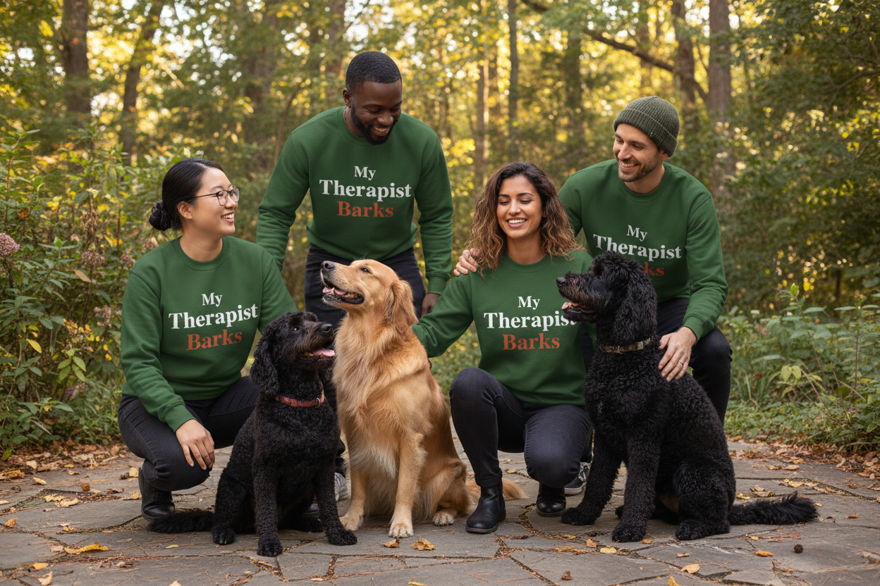 Four people wearing matching green crewneck sweatshirts with the text 'My Therapist Barks' pose outdoors with three dogs on a stone path in a wooded area.