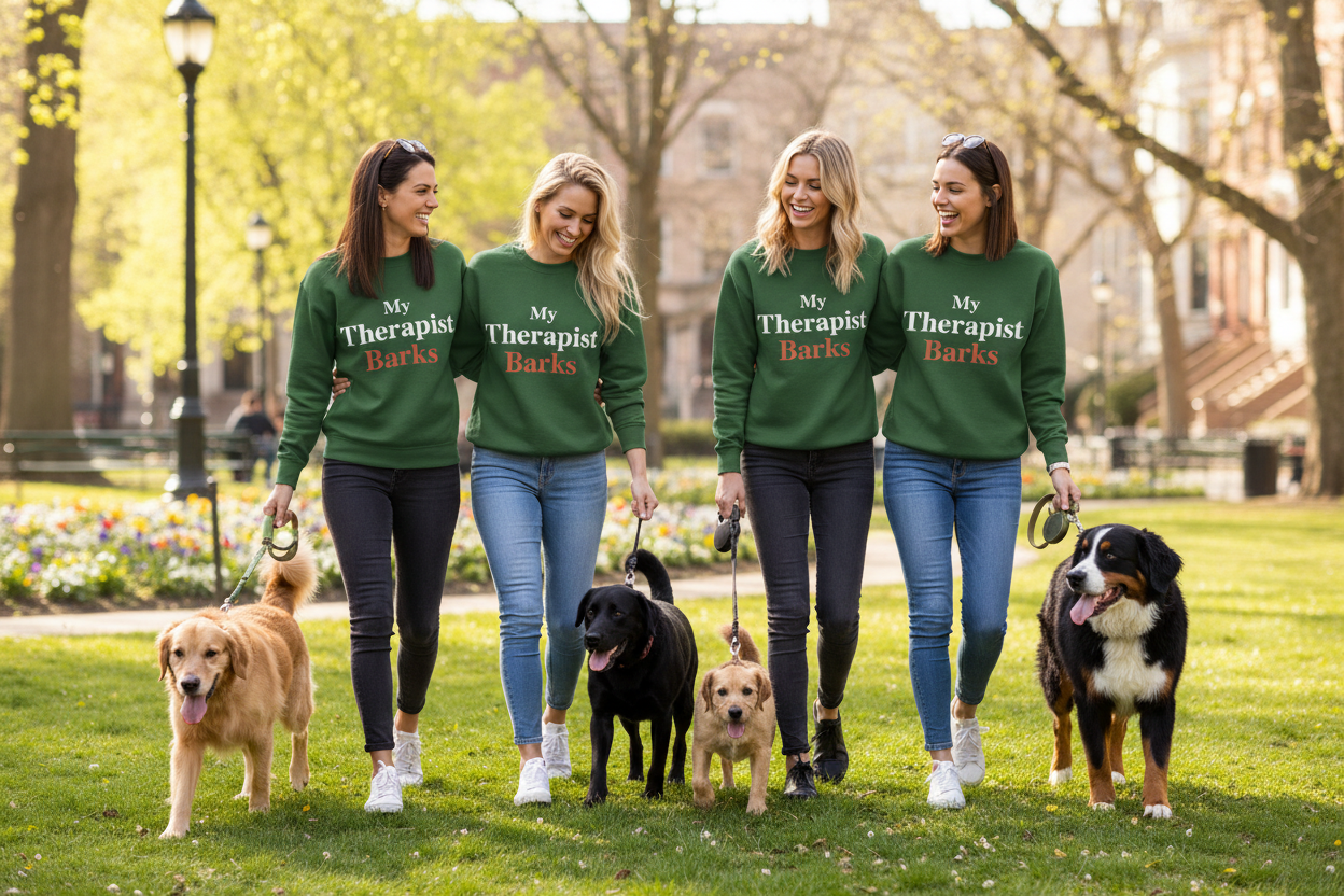 Four women walking dogs on a sunny park lawn, wearing matching green crewneck sweatshirts that read 'My Therapist Bark's' in white and orange text.