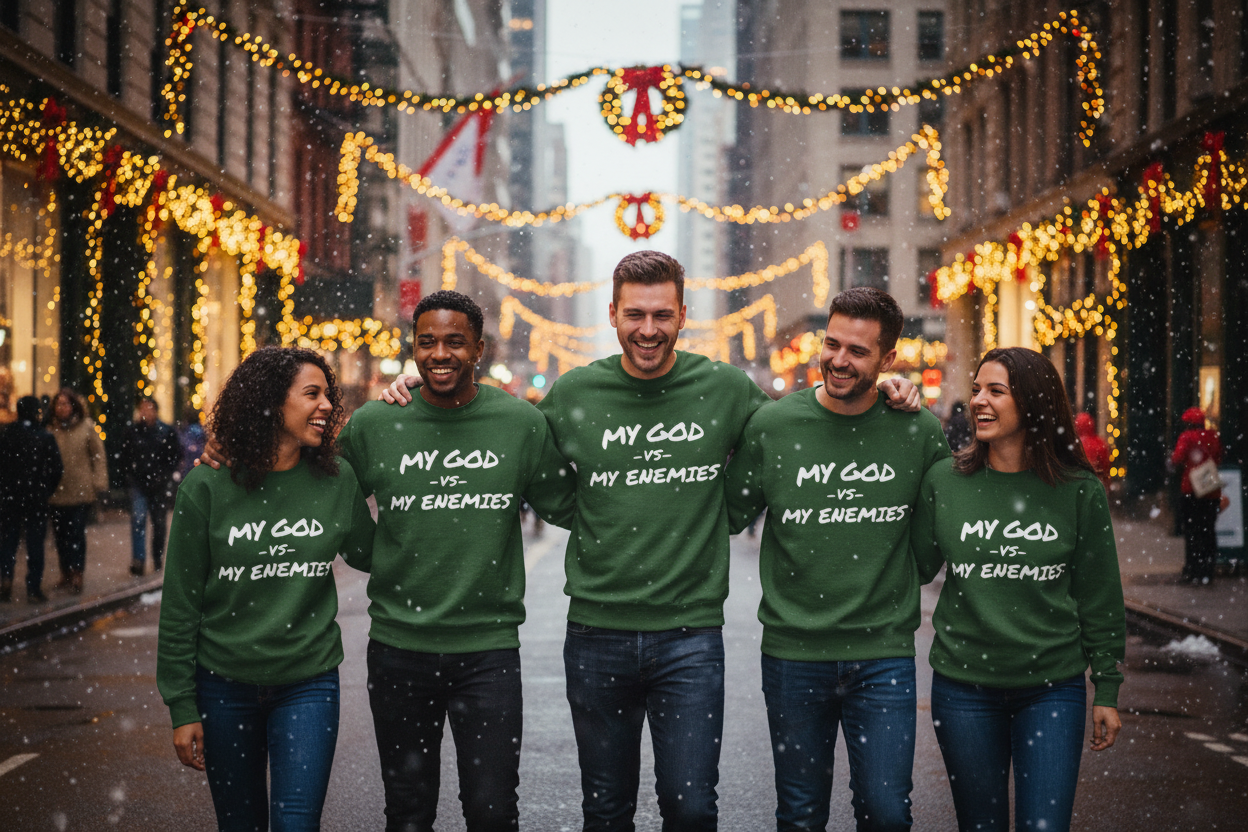 Five people standing together on a city street decorated with festive Christmas lights and snowfall, wearing matching green crewneck sweatshirts with the slogan 'MY GOD IS MY ENEMIES' printed in white across the front.