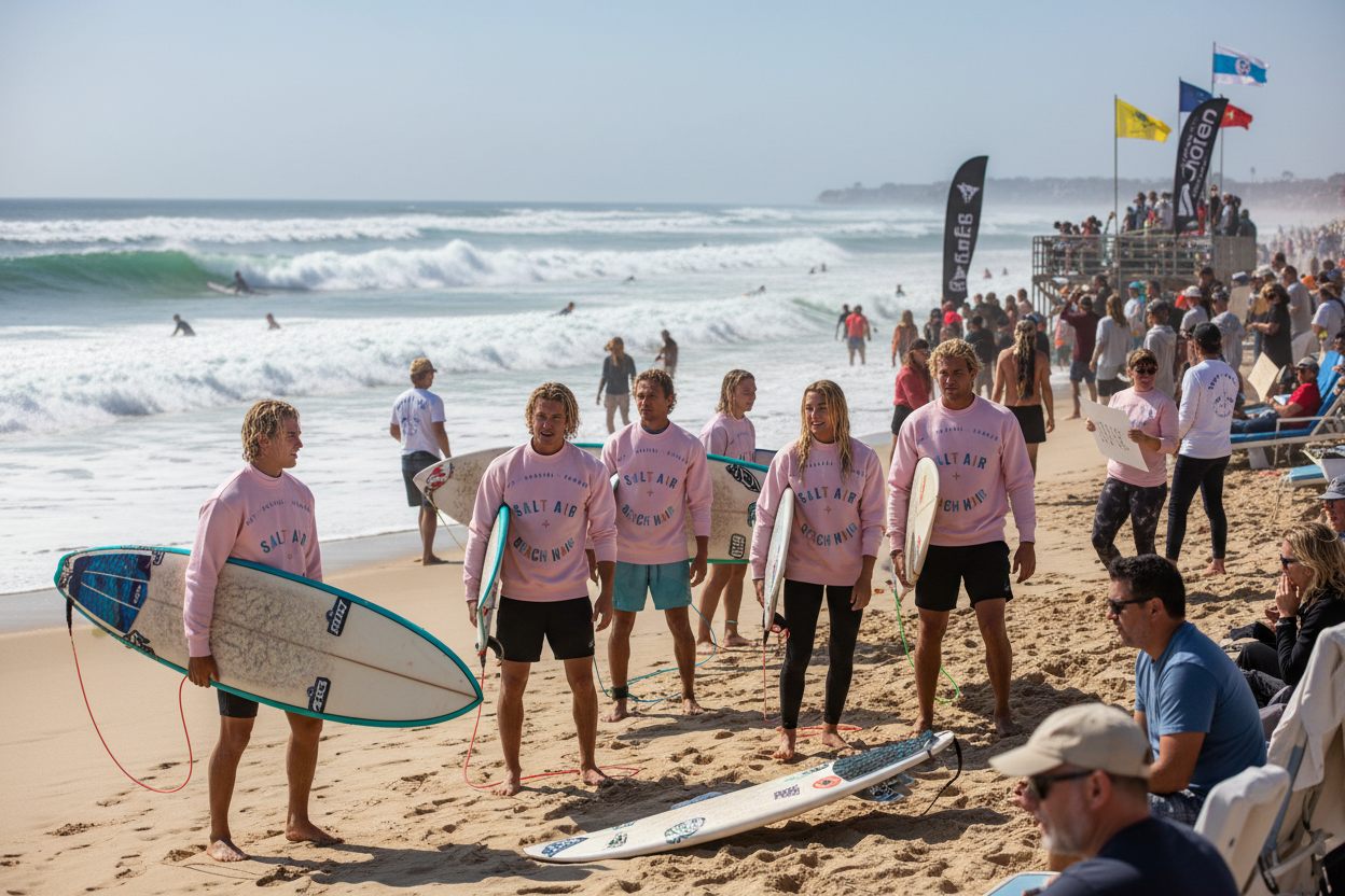 Surfers in pink shirts with surfboards on a beach with waves and flags in the background