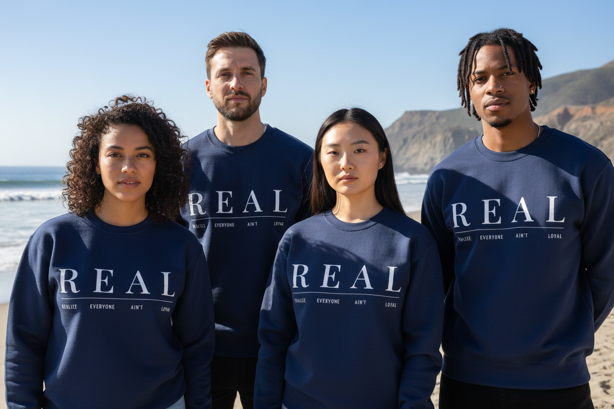 Four people standing outdoors on a beach wearing matching navy blue sweatshirts with the word 'REAL' printed in large white letters across the chest.