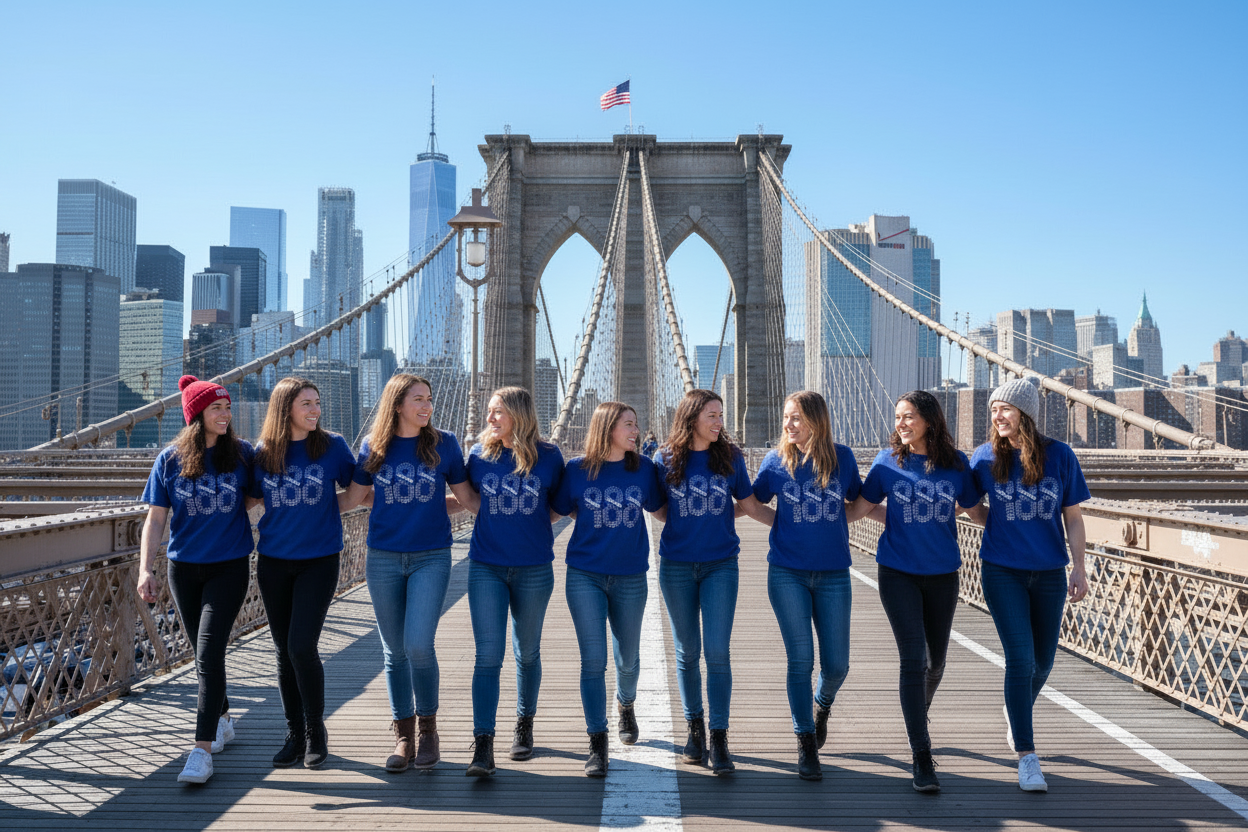 Group of people wearing matching blue shirts with a city skyline in the background