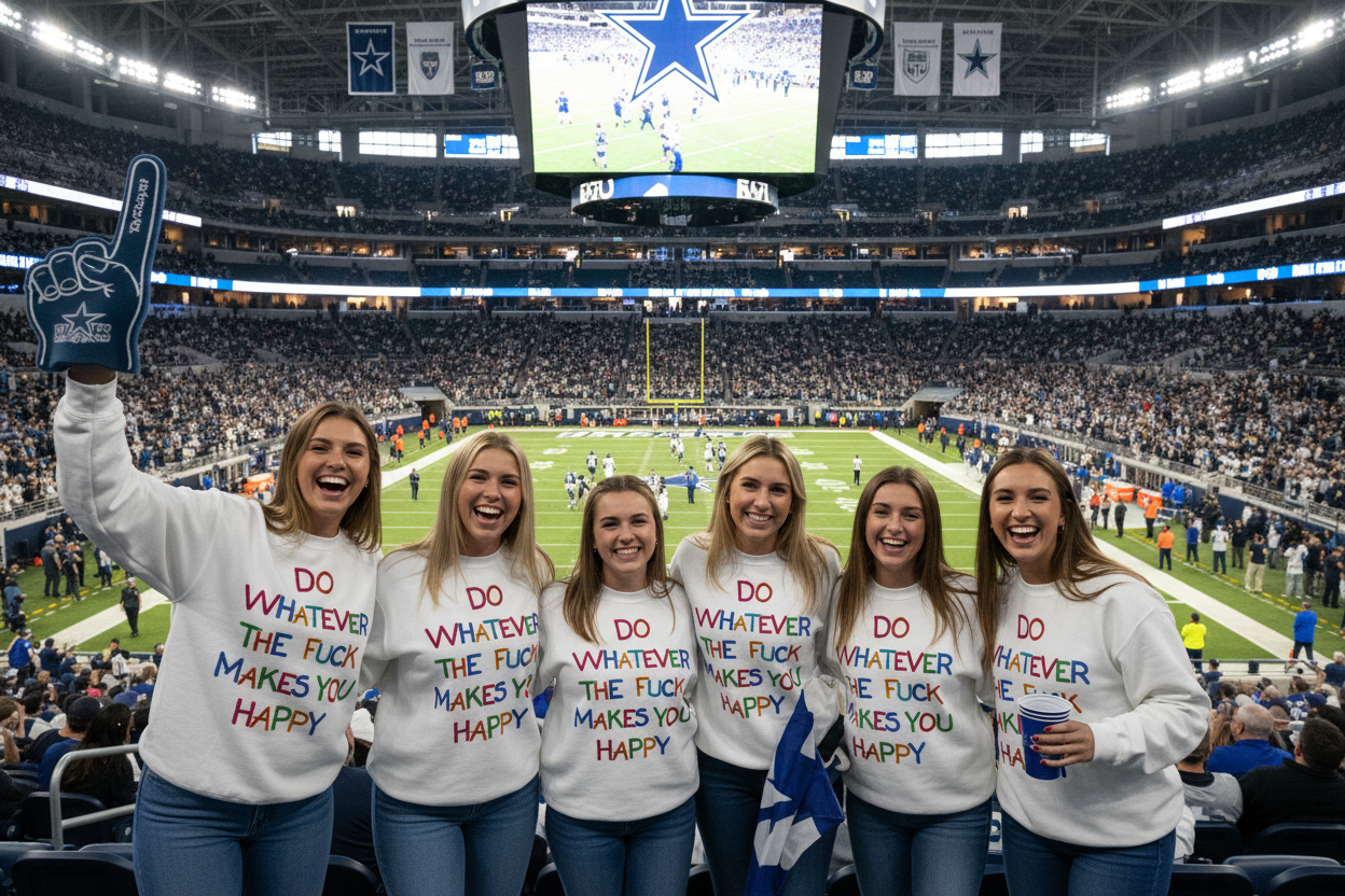 Five women standing together in a crowded football stadium, wearing matching white long-sleeve shirts with the slogan 'DO WHAT THE FUCK MAKES YOU HAPPY' printed in red, blue, and purple text. One woman on the left holds a blue foam finger.