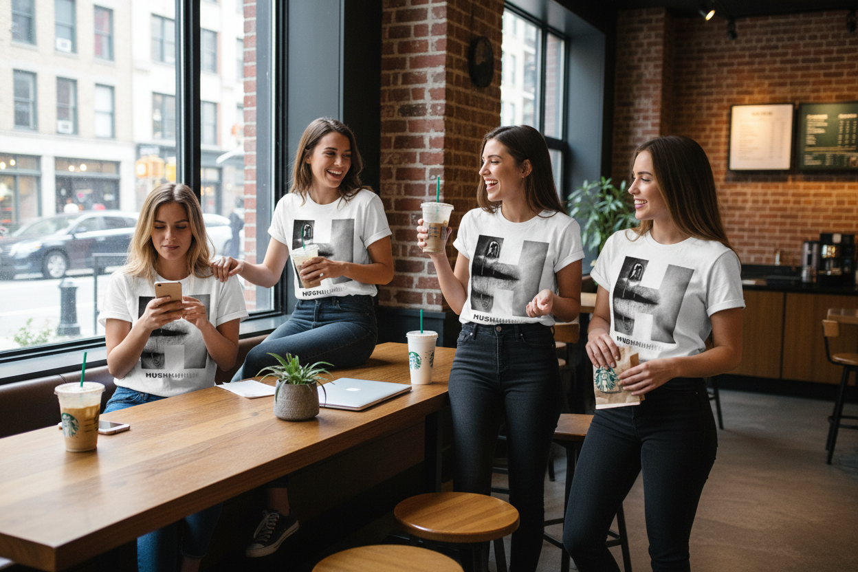 Four women laughing and talking in a modern cafe setting, wearing matching white t-shirts with a black-and-white graphic print of a person holding a coffee cup.