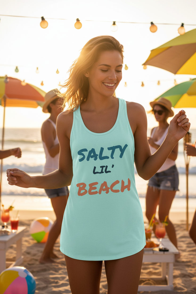 Woman on a beach wearing a tank top with 'Salty Lil' Beach' text, surrounded by people and beach umbrellas.